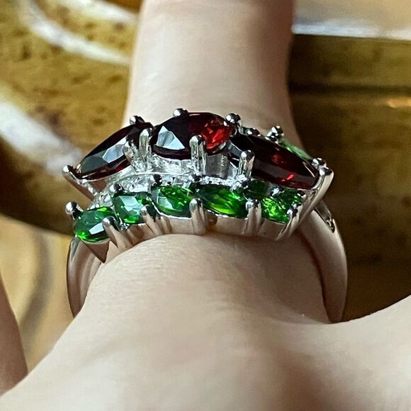 Vermelho Red Garnet Chrome Diopside Sterling Silver Cocktail Ring Size 6 - Picture 2 of 9